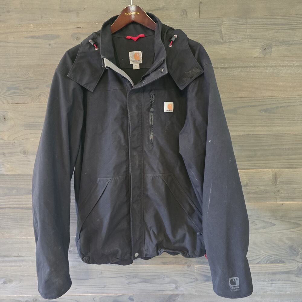 Carhartt Jacket Mens L Black Hooded Storm Defender Rain Full Zip Workwear J162